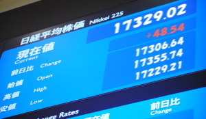 日経平均の終値は１万７３２９円０２銭（４８円５４銭高）、ＴＯＰＩＸは１３８９．４３ポイント（１．１８ポイント安）、出来高概算（東証１部）は１９億７１０８万株。