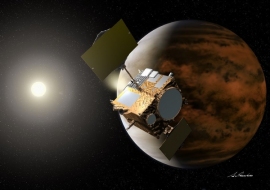 冬期に金星周回軌道へ投入される予定の金星探査機「あかつき」（PLANET-C）のイラスト（C）池下章裕