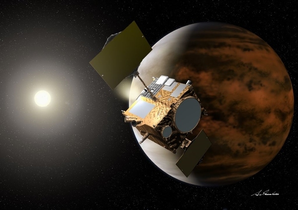 冬期に金星周回軌道へ投入される予定の金星探査機「あかつき」（PLANET-C）のイラスト（C）池下章裕