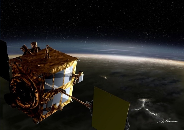 冬期に金星周回軌道へ投入される予定の金星探査機「あかつき」（PLANET-C）のイラスト（C）池下章裕