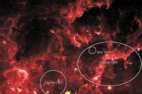 今回、特に顕著なDIBを検出した「はくちょう座OB2星団」の赤外線写真（NASA）と、WINEREDで取得したはくちょう座OB2星団の星（No.3, 10, 12）のDIBのスペクトル（右下）（東京大学の発表資料より）