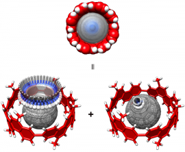 カーボンナノチューブ分子ベアリングを示す図。ベアリング(赤)内部で回転子(灰)が軸(青)を中心に、あたかもコマのように軸回転している。上図が分光分析でわかっていた大まかな回転運動。下図が今回の理論研究から解明された回転運動の詳細。「歳差運動(左)」と「自転運動(右)」の二種が存在していることが明らかとなった(東北大学とJSTの発表資料より) カーボンナノチューブ分子ベアリングを示す図。ベアリング(赤)内部で回転子(灰)が軸(青)を中心に、あたかもコマのように軸回転している。上図が分光分析でわかっていた大まかな回転運動。下図が今回の理論研究から解明された回転運動の詳細。「歳差運動(左)」と「自転運動(右)」の二種が存在していることが明らかとなった(東北大学とJSTの発表資料より)