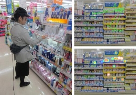 （左）装着型アイカメラでの実店舗の調査風景　（右上）視線データのプロット例　（右下）視線データのHeat Map例（凸版印刷の発表資料より）