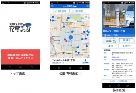 スマートフォンで全国のEV・PHV充電施設情報が検索できるアプリ「全国EV・PHV充電まっぷ」の画面イメージ（日本ユニシスの発表資料より）