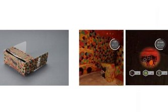 専用VRゴーグル(左)とVRコンテンツ「王塚古墳」(右)（凸版印刷発表資料より）