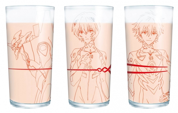 渚カヲル・綾波レイ・EVA初号機をモチーフにした「オリジナルデザイングラスセット」（カゴメ発表資料より）