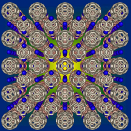フラーレンC60超伝導体の、3次元的な結晶構造。フラーレン分子は60個の炭素原子からなり、切頭正二十面体（サッカーボール）型の分子である。これが規則正しく3次元的に配列した結晶構造を有する（東北大学などの発表資料より）