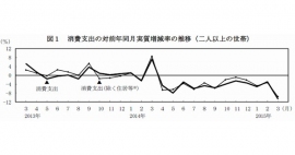 消費支出の対前年同月実質増減率の推移(二人以上の世帯)を示す図(総務省の発表資料より) 消費支出の対前年同月実質増減率の推移(二人以上の世帯)を示す図(総務省の発表資料より)