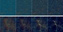 ダークマターの分布の進化。明るさはダークマターの空間密度を表し、明るいところは密度が高くなっている。宇宙が生まれてすぐはほぼ一様（左）だが、時間がたつにつれて（順番に右へ）重力によって集まり、大きな構造が形成されていく。上段と下段は空間スケールが異なる2種類のシミュレーションで、上段は一辺約54億光年、下段は一辺約3.3億光年となっている。（千葉大学と国立天文台の発表資料より）