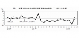 消費支出の増減率の推移を示す図(前年同月、実質、二人以上の世帯、総務省「家計調査報告より」) 消費支出の増減率の推移を示す図(前年同月、実質、二人以上の世帯、総務省「家計調査報告より」)
