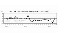 消費支出の増減率の推移を示す図（前年同月、実質、二人以上の世帯、総務省「家計調査報告より」）