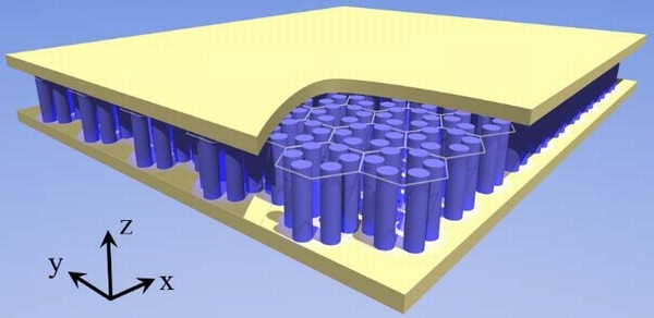 フォトニック結晶の模式図。絶縁体や半導体の円柱（ナノロッド）が蜂の巣格子に並んでいる。
電磁波が漏れないように、金属で上下を挟んでいる。（物質・材料研究機構の発表資料より）