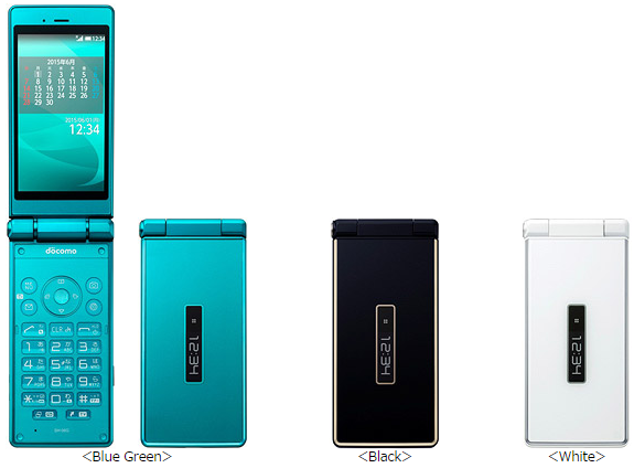 「SH-06G　Blue Green」の開き時と折りたたみ時（左）、「SH-06G　Black」（中）、「SH-06G　White」（右）の外観（ドコモ発表資料より）