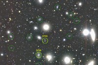 すばる望遠鏡による B, R, i バンド画像を合成した疑似カラー画像。かみのけ座銀河団の中心に近い6分角×6分角の領域を切り出したもの。黄色の丸が昨年おわりに見つかった47個の超暗黒銀河のうちの2つ。すばる望遠鏡アーカイブデータから、さらに緑色の丸で囲まれた超暗黒銀河が見つかった。(国立天文台)
