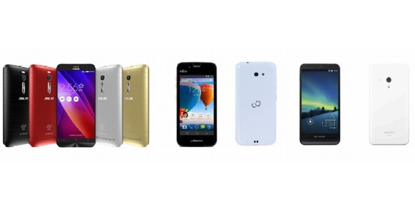 「ZenFone2」（左）「ARROWS M01」（中）「AQUOS SH-M01」（右） （写真:ゲオ発表資料より）
