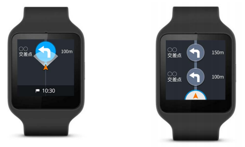「いつも NAVI for Android Wearβ」の「縦スクロールターン・バイ・ターンナビ」利用時の画面イメージ(ゼンリン発表資料より) 「いつも NAVI for Android Wearβ」の「縦スクロールターン・バイ・ターンナビ」利用時の画面イメージ(ゼンリン発表資料より)
