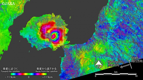 「だいち2号」による桜島の干渉SAR解析の画像（国立研究開発法人宇宙航空研究開発機構の発表資料より）