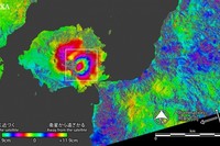 「だいち2号」による桜島の干渉SAR解析の画像（国立研究開発法人宇宙航空研究開発機構の発表資料より）