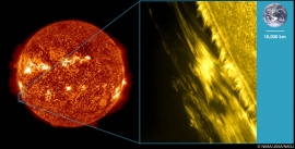 （左）NASAの太陽観測衛星SDOが極端紫外光でとらえた太陽全面画像。（右）太陽観測衛星ひのでが可視光で撮影した太陽プロミネンス。（国立天文台の発表資料より）