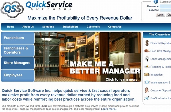 パナソニックが買収した、POS端末管理ソフトを提供するカナダのクイック・サービス・ソフトウェアのWebサイト。