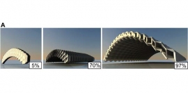 折り畳み式屋根のイメージ。今回の研究で開発された新規立体構造によって構造強度が期待できる。(東京大学の発表資料より) 折り畳み式屋根のイメージ。今回の研究で開発された新規立体構造によって構造強度が期待できる。(東京大学の発表資料より)