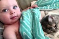 寝ている赤ちゃんに寄り添って、これまたかわいいネコちゃんが!