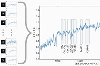 ビッグバンの40億年後の宇宙で観測された、既に星形成を停止した銀河24天体の個々のスペクトル (左) と、それらをすべて足しあわせた合成スペクトル (右)。スペクトル上に置かれた枠は、銀河の星の年齢、金属量、アルファ元素の鉄に対する量を求めるのに使用した、各元素に特徴的な吸収線の位置を示している。(チューリッヒ工科大学／国立天文台)