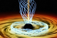 いて座Aスターのブラックホール極近傍領域の想像図。線で示されているのは、今回の観測で観測された磁場構造（磁力線）。（国立天文台の発表資料より）