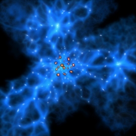 原始グレートウォールとモンスター銀河の想像図。約5億光年にわたって若い銀河がフィラメント状に分布した大集団である原始グレートウォールの中心部で、モンスター銀河がいくつも誕生していると考えられる。（研究グループの発表資料より）