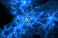 原始グレートウォールとモンスター銀河の想像図。約5億光年にわたって若い銀河がフィラメント状に分布した大集団である原始グレートウォールの中心部で、モンスター銀河がいくつも誕生していると考えられる。（研究グループの発表資料より）
