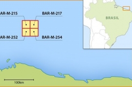 ブラジル北部沖合の深海探鉱鉱区群の位置（三井物産の報道資料より）