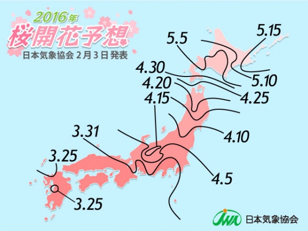 桜開花予想 （2月3日、気象協会発表）