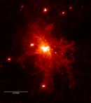 NGC 6240 の巨大な電離ガスの詳細構造を写し出したHα輝線画像。星からの光を除去した電離ガスだけの画像となっている。複雑なフィラメント構造が何十万光年にもわたって広がっているのが分かる。(広島大学／国立天文台)