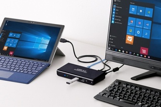 HDMIやDVI、USB3.0×2 & USB2.0×4ポート、有線LANポートを搭載し、Windowsタブレットにも対応可能なUSB3.0ドッキングステーション「400-VGA009」（サンワプライ発表資料より）
