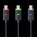 スマートフォンの急速充電が可能で、夜間や車中などでも充電状況がひと目で分かるLEDを内蔵した通信・充電両対応のmicroUSBケーブル「500-USB038」(サンワプライ発表資料より)。 スマートフォンの急速充電が可能で、夜間や車中などでも充電状況がひと目で分かるLEDを内蔵した通信・充電両対応のmicroUSBケーブル「500-USB038」(サンワプライ発表資料より)。