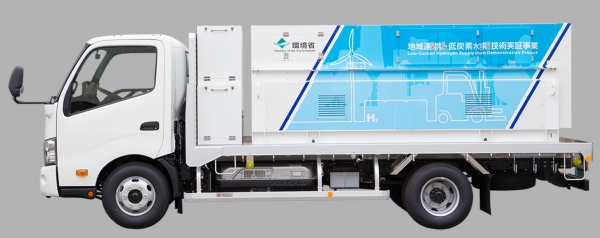 風力発電で製造した水素を燃料電池フォークリフトへ供給する実証で使用される岩谷産業の簡易水素充填車。（写真：神奈川県などの発表資料より）