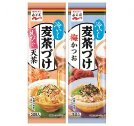 「冷やし麦茶づけ 梅かつお」と「冷やし麦茶づけ えび入り天茶」(永谷園の発表資料より) 「冷やし麦茶づけ 梅かつお」と「冷やし麦茶づけ えび入り天茶」(永谷園の発表資料より)