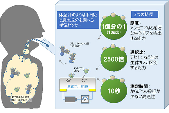 呼気センサーの動作原理（富士通研究所発表資料より）