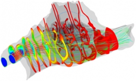 チンパンジーの鼻腔の気流と温度変化のシミュレーション。線は気流(青から赤にかけて速さが増す)、断面は温度分布(青から赤にかけて温度が増す)を表す。(京都大学の発表資料より) チンパンジーの鼻腔の気流と温度変化のシミュレーション。線は気流(青から赤にかけて速さが増す)、断面は温度分布(青から赤にかけて温度が増す)を表す。(京都大学の発表資料より)