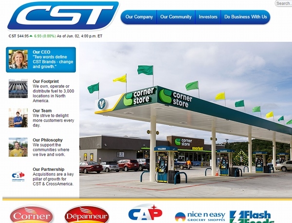 セブン&アイ・ホールディングスは、米CSTブランヅ（CST Brands）から、カリフォルニア州とワイオミング州のガソリンスタンド・コンビニ店舗79店を取得する。写真は、CST社のウェブサイト。