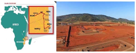 モザンビークのSyrah社鉱区とプラント建設予定地を示す図（丸紅の発表資料より）