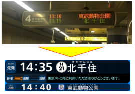 現在の行先案内表示器（上）と新型器（東京メトロ発表資料より）