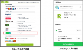 支払い方法選択画面とLINE Pay アプリ画面(パピレスの発表資料より) 支払い方法選択画面とLINE Pay アプリ画面(パピレスの発表資料より)