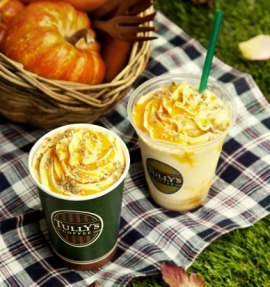 タリーズコーヒージャパンが9月2日に発売する秋のドリンク「スイートパンプキンラテ」と「スイートパンプキンスワークル」。 タリーズコーヒージャパンが9月2日に発売する秋のドリンク「スイートパンプキンラテ」と「スイートパンプキンスワークル」。