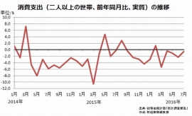 1世帯（2人以上）当たりの消費支出（物価変動の影響を除いた実質、前年同月比）の月次推移を示すグラフ。（出典：総務省「家計調査報告」）