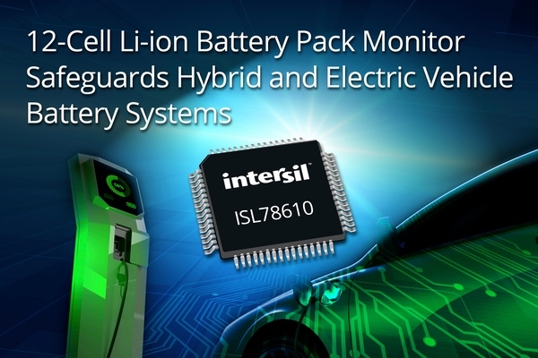 ハイブリッド車、プラグインハイブリッド車、電気自動車のリチウムイオンバッテリパックの電圧・温度を監視するインターシルの製品「L78610」。