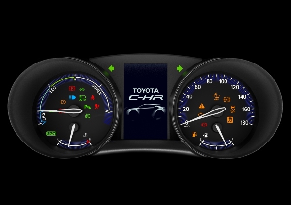 トヨタ自動車が28日に日本仕様の概要を初公開した新型車「C-HR」のハイブリッド車専用コンビネーション2眼メーター。（写真提供：トヨタ自動車）