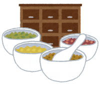 漢方薬を収納する薬箪笥と、器に入れられた漢方薬のイメージ。（画像：いらすとや）