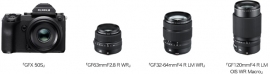 ミラーレスデジタルカメラ「FUJIFILM GFX 50S」と専用交換レンズ「フジノン GFレンズ」3種類（冨士フイルム発表資料より）