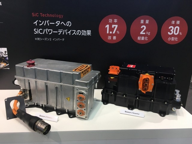 昨年、ヴェンチュリー・フォーミュラEチームとのテクノ ロジー・パートナーシップ契約を締結したローム。同社のSiCパワーデバイスを搭載したインバータ(写真右)を展示して注目を集めた。注目を集めた。来シーズンはさらなる改善に貢献するという。